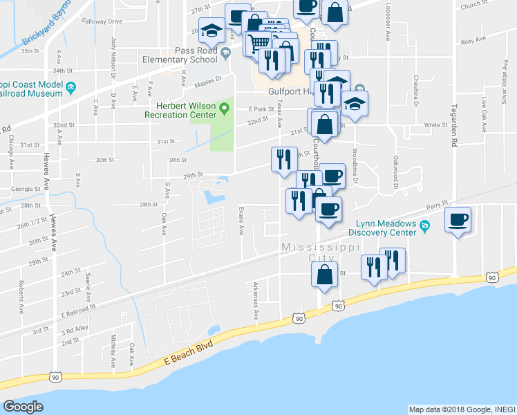 map of restaurants, bars, coffee shops, grocery stores, and more near 229 Pine Street in Gulfport