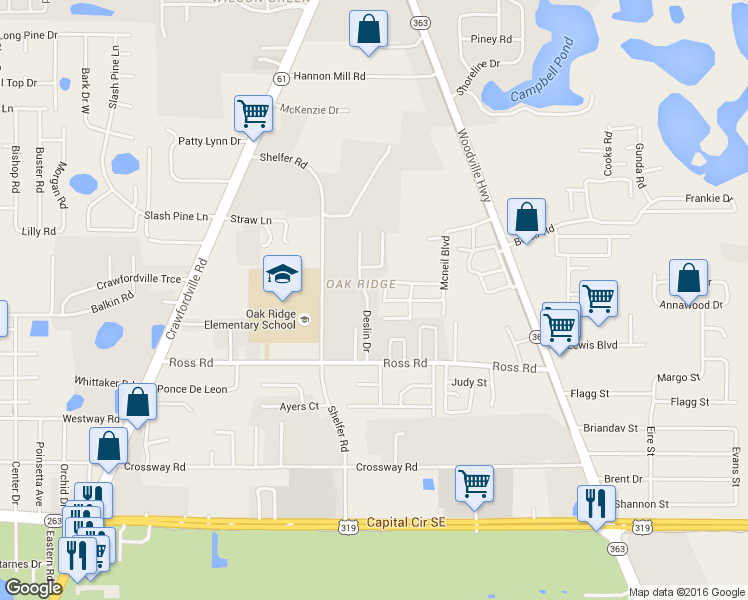 map of restaurants, bars, coffee shops, grocery stores, and more near 4575 Deslin Drive in Tallahassee