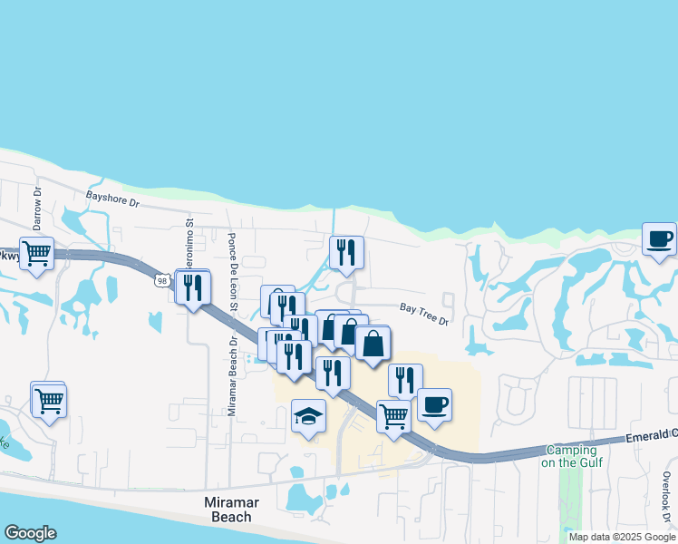 map of restaurants, bars, coffee shops, grocery stores, and more near 49 Hibiscus Lane in Miramar Beach
