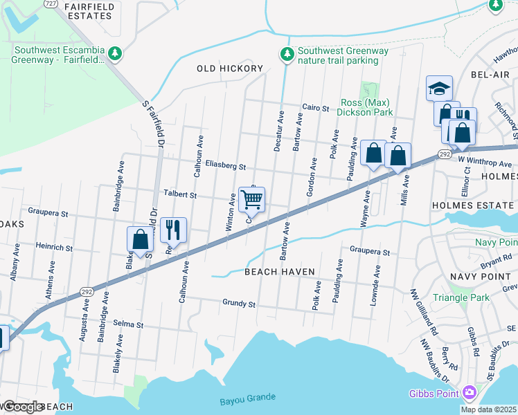 map of restaurants, bars, coffee shops, grocery stores, and more near 2200 Talbert Street in Pensacola