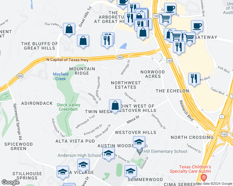 map of restaurants, bars, coffee shops, grocery stores, and more near 8803 Wildridge Drive in Austin