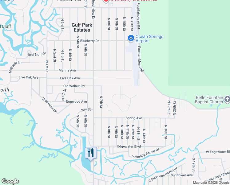 map of restaurants, bars, coffee shops, grocery stores, and more near 8812 Marguerite Drive in Ocean Springs