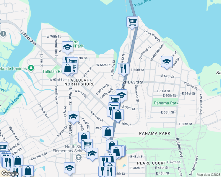 map of restaurants, bars, coffee shops, grocery stores, and more near 7036 Lucky Drive East in Jacksonville