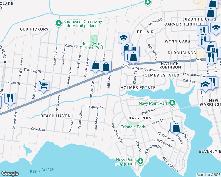 map of restaurants, bars, coffee shops, grocery stores, and more near 808 Mills Avenue in Pensacola