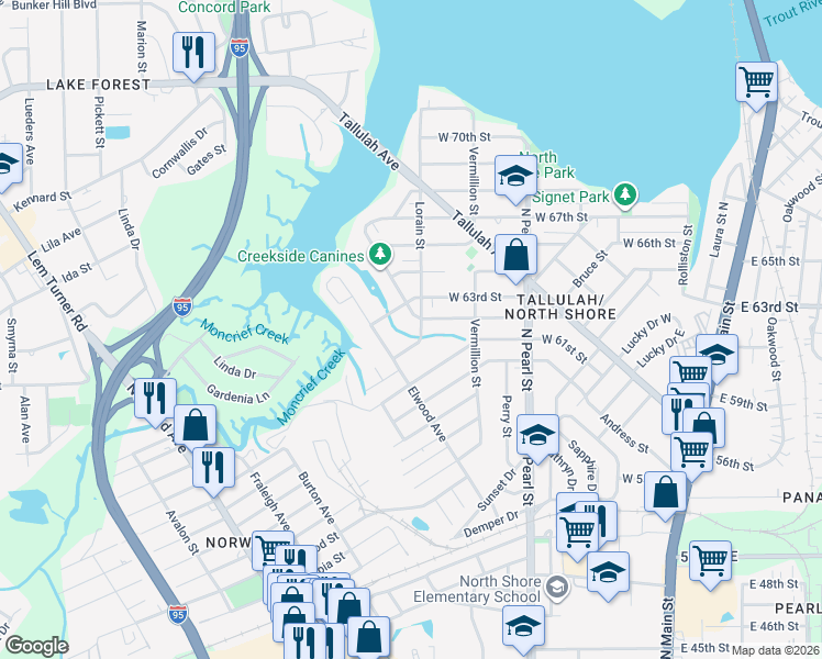 map of restaurants, bars, coffee shops, grocery stores, and more near 7124 Lorain Street in Jacksonville