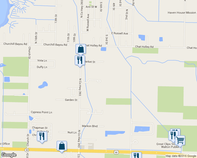 map of restaurants, bars, coffee shops, grocery stores, and more near 274 Plantation Way in Santa Rosa Beach
