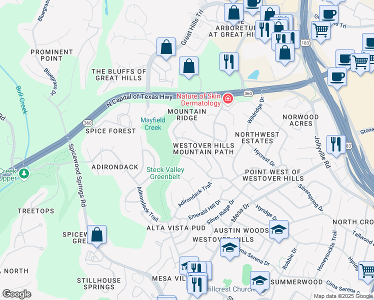 map of restaurants, bars, coffee shops, grocery stores, and more near 4508 Hyridge Drive in Austin