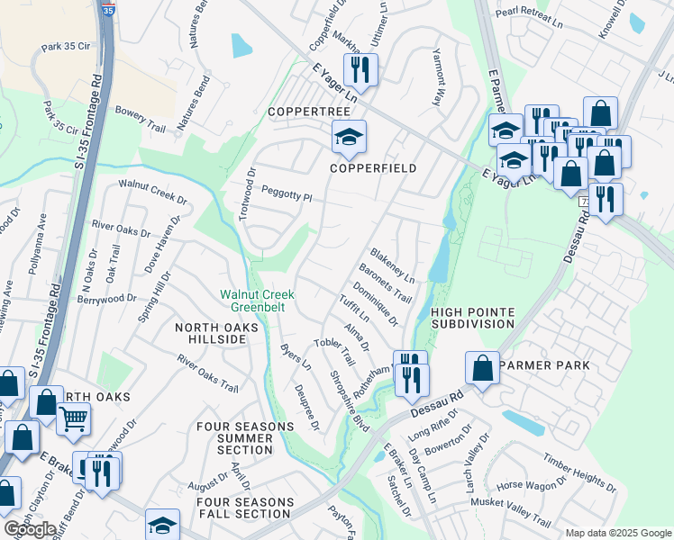 map of restaurants, bars, coffee shops, grocery stores, and more near 1211 Glen Summer Cove in Austin