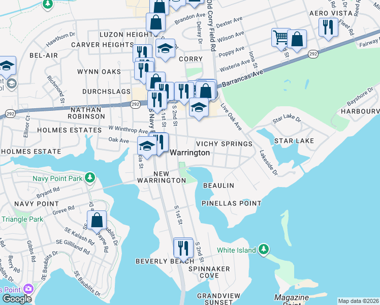 map of restaurants, bars, coffee shops, grocery stores, and more near in Warrington