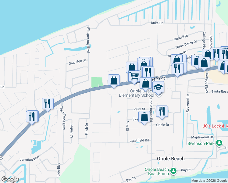 map of restaurants, bars, coffee shops, grocery stores, and more near 2975 Gulf Breeze Parkway in Gulf Breeze