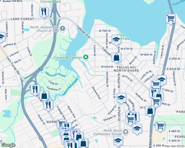 map of restaurants, bars, coffee shops, grocery stores, and more near 7124 Lorain Street in Jacksonville