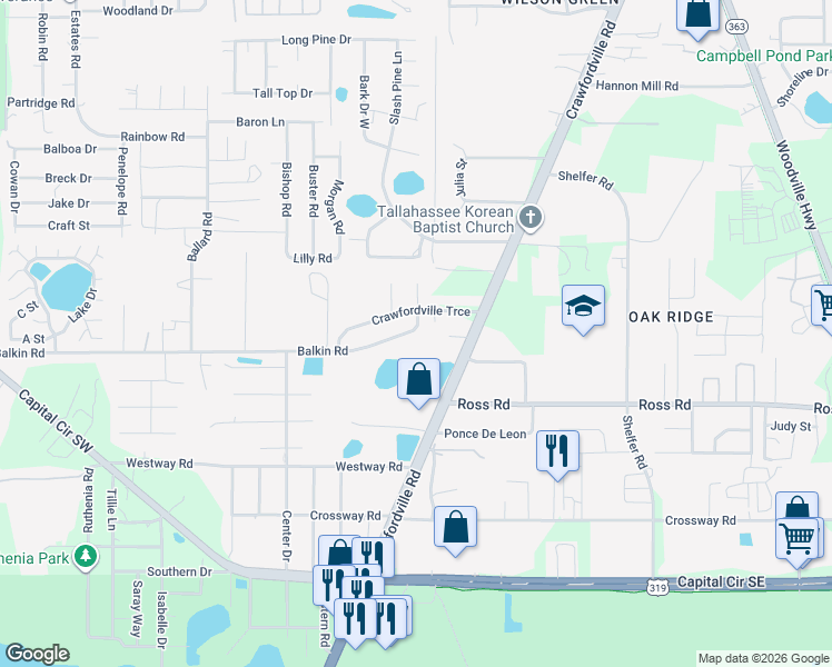 map of restaurants, bars, coffee shops, grocery stores, and more near 943 Balkin Road in Tallahassee