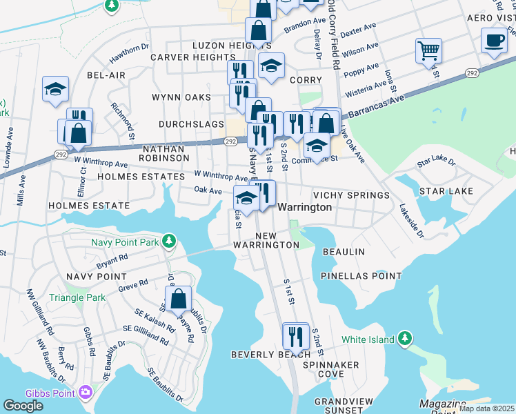 map of restaurants, bars, coffee shops, grocery stores, and more near 7 East Palmetto Avenue in Pensacola