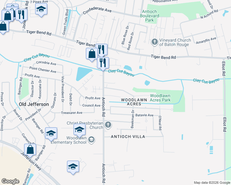 map of restaurants, bars, coffee shops, grocery stores, and more near 16135 Woodlawn Acres Avenue in Baton Rouge
