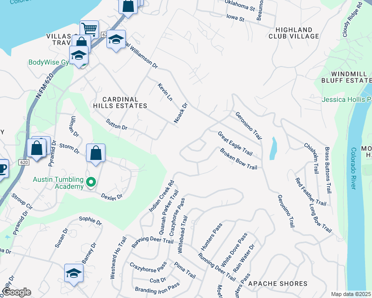 map of restaurants, bars, coffee shops, grocery stores, and more near 2801 Lariat Trail in Austin