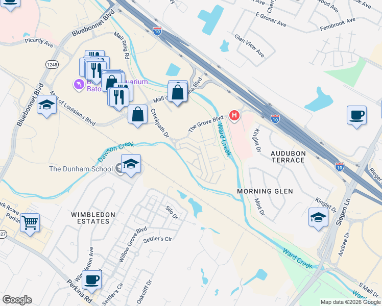 map of restaurants, bars, coffee shops, grocery stores, and more near 9452 Dawson Trace Avenue in Baton Rouge