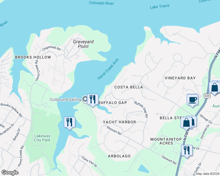 map of restaurants, bars, coffee shops, grocery stores, and more near 16425 Lake Loop in Austin