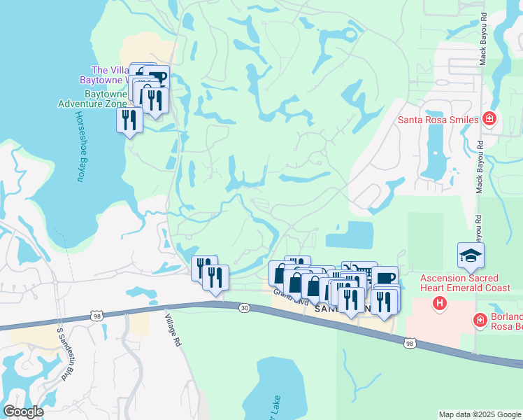 map of restaurants, bars, coffee shops, grocery stores, and more near 1157 Troon Drive North in Miramar Beach