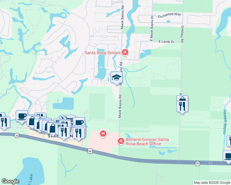 map of restaurants, bars, coffee shops, grocery stores, and more near 561 Mack Bayou Road in Santa Rosa Beach