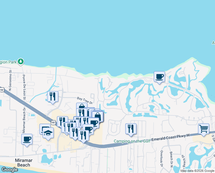 map of restaurants, bars, coffee shops, grocery stores, and more near in Miramar Beach
