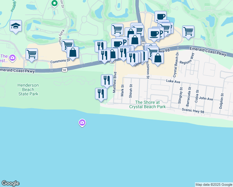 map of restaurants, bars, coffee shops, grocery stores, and more near 87 Matthew Boulevard in Destin