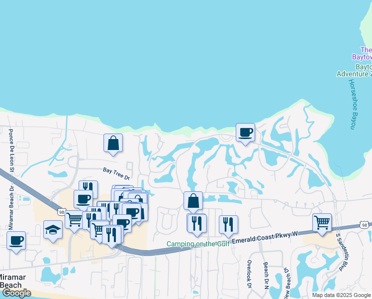 map of restaurants, bars, coffee shops, grocery stores, and more near 281 Sandestin Boulevard West in Miramar Beach