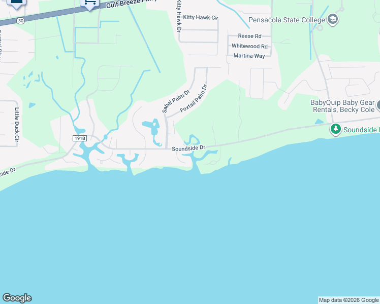 map of restaurants, bars, coffee shops, grocery stores, and more near 4725 Soundside Drive in Gulf Breeze