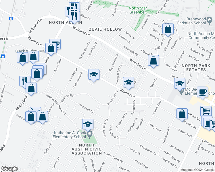 map of restaurants, bars, coffee shops, grocery stores, and more near 1517 Kramer Lane in Austin