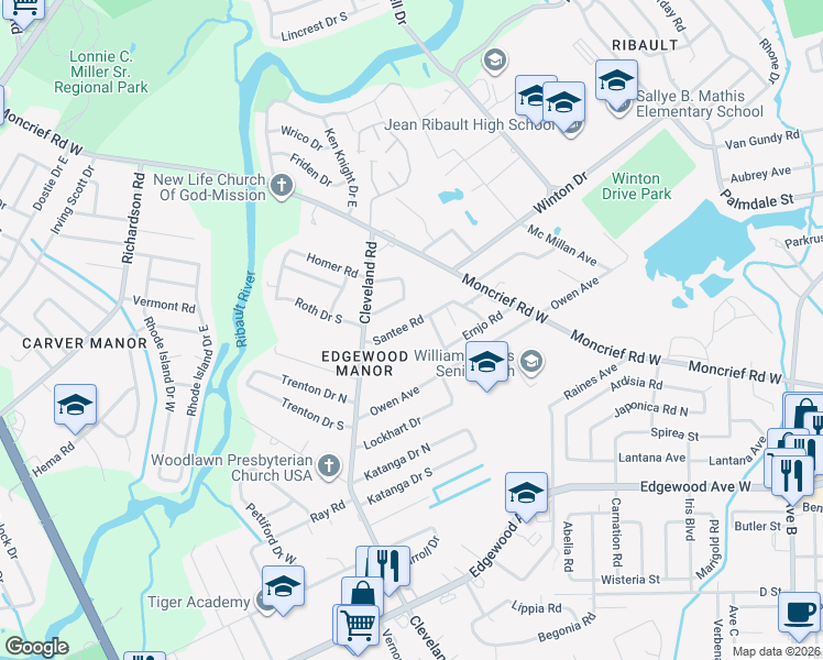 map of restaurants, bars, coffee shops, grocery stores, and more near 4126 Santee Road in Jacksonville