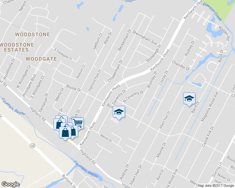map of restaurants, bars, coffee shops, grocery stores, and more near 727 Daventry Drive in Baton Rouge