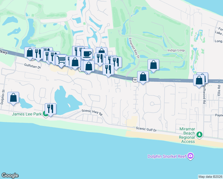 map of restaurants, bars, coffee shops, grocery stores, and more near 36474C Emerald Coast Parkway in Destin