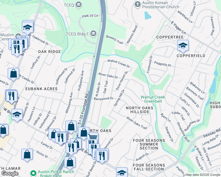 map of restaurants, bars, coffee shops, grocery stores, and more near 11803 Oak Trail in Austin