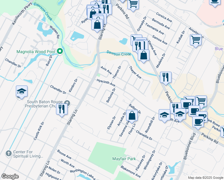 map of restaurants, bars, coffee shops, grocery stores, and more near 1435 Bellonia Drive in Baton Rouge
