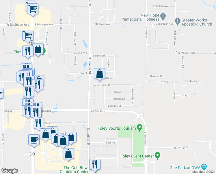 map of restaurants, bars, coffee shops, grocery stores, and more near 632 Parish Lakes Drive in Foley