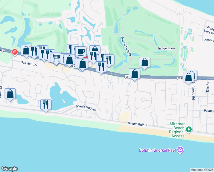 map of restaurants, bars, coffee shops, grocery stores, and more near 108 Mantero Way in Destin