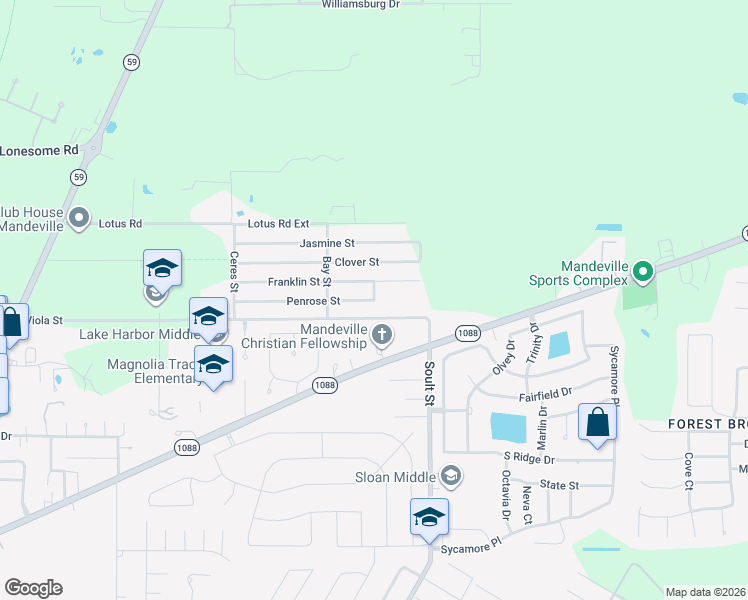 map of restaurants, bars, coffee shops, grocery stores, and more near 1427 Penrose Street in Mandeville