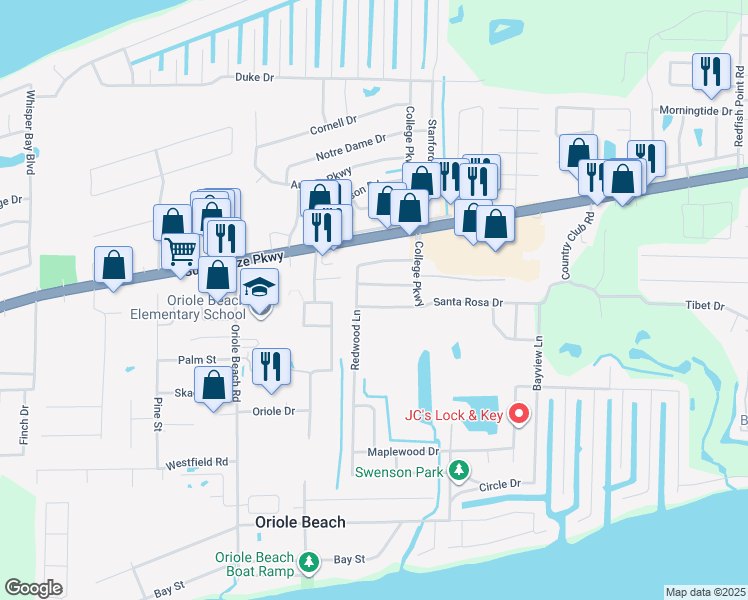 map of restaurants, bars, coffee shops, grocery stores, and more near 3240 Santa Rosa Drive in Gulf Breeze