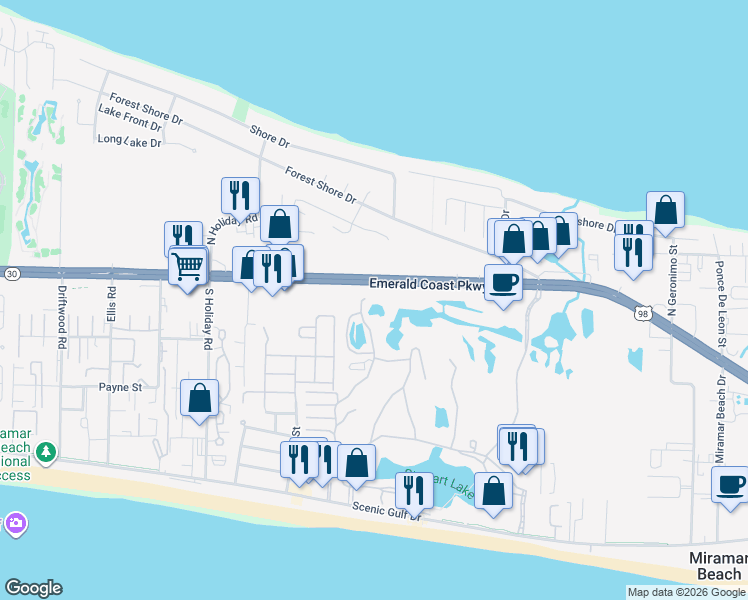 map of restaurants, bars, coffee shops, grocery stores, and more near 558 North Driftwood Bay in Miramar Beach