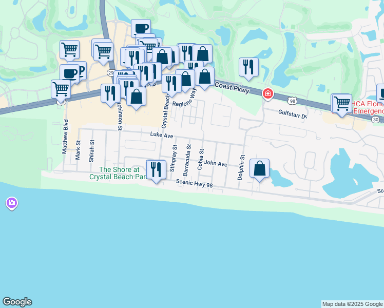 map of restaurants, bars, coffee shops, grocery stores, and more near 84 Cobia Street in Destin