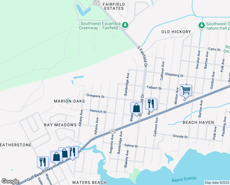 map of restaurants, bars, coffee shops, grocery stores, and more near 1621 Augusta Avenue in Pensacola