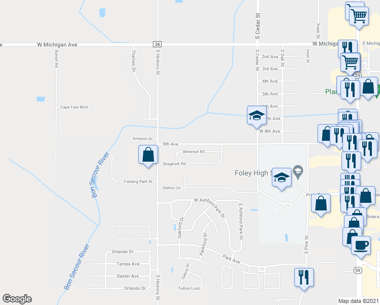 map of restaurants, bars, coffee shops, grocery stores, and more near 904 Shagbark Road in Foley