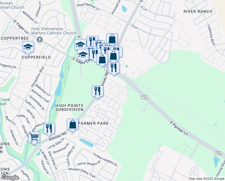 map of restaurants, bars, coffee shops, grocery stores, and more near 12209 Dessau Road in Austin
