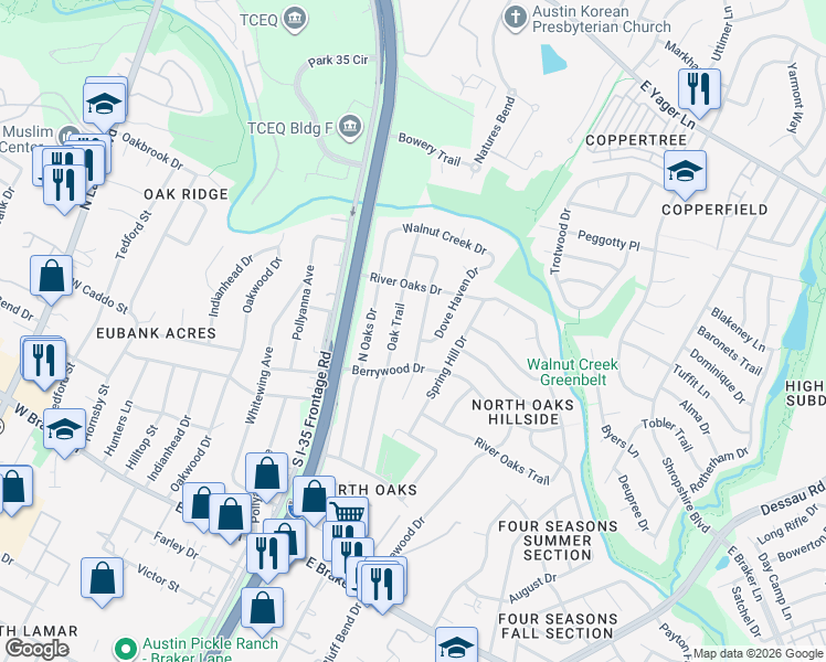 map of restaurants, bars, coffee shops, grocery stores, and more near 11803 Oak Trail in Austin