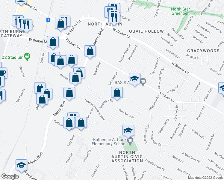 map of restaurants, bars, coffee shops, grocery stores, and more near 10611 Topperwein Drive in Austin
