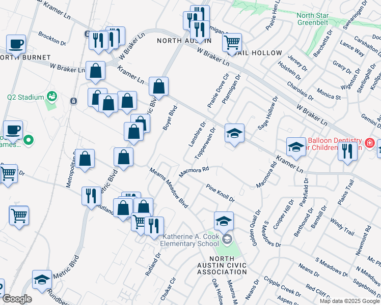 map of restaurants, bars, coffee shops, grocery stores, and more near 10611 Topperwein Drive in Austin