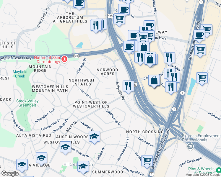 map of restaurants, bars, coffee shops, grocery stores, and more near 4004 Dominion Cove in Austin