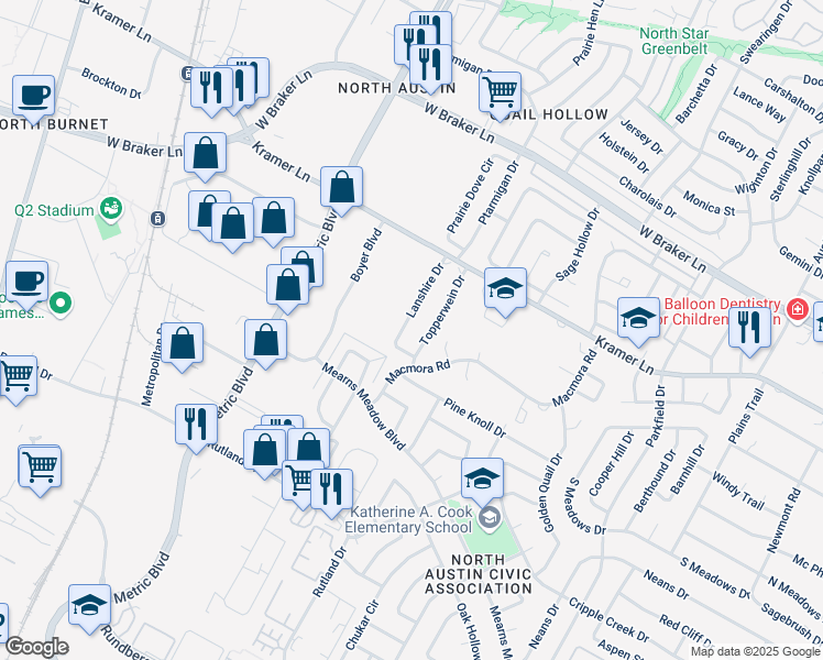 map of restaurants, bars, coffee shops, grocery stores, and more near 10611 Topperwein Drive in Austin