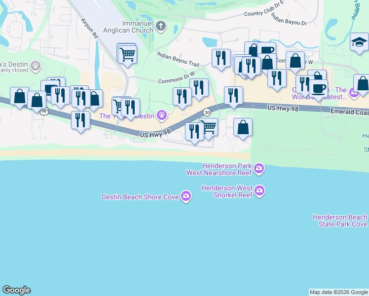 map of restaurants, bars, coffee shops, grocery stores, and more near 1720 Scenic Highway 98 in Destin