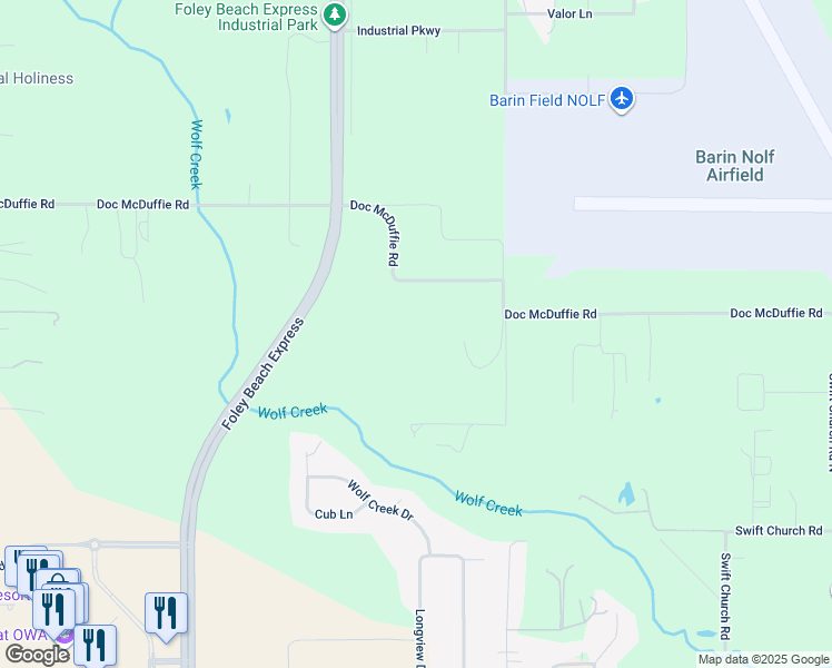 map of restaurants, bars, coffee shops, grocery stores, and more near 22506 Doc McDuffie Road in Foley