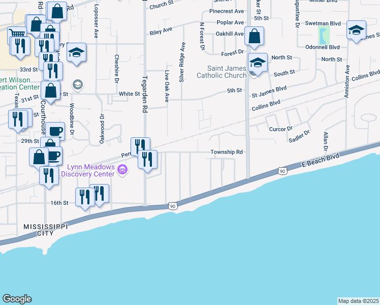 map of restaurants, bars, coffee shops, grocery stores, and more near 998 Township Road in Gulfport